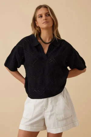 Knitwear|Tops^Ceres Life Demi Diamond Knit Collared Tee